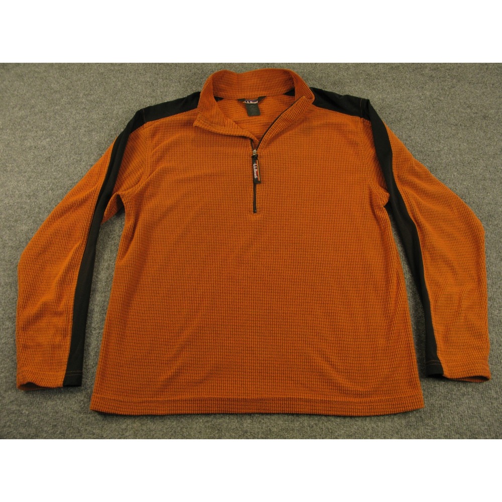 LL‎ Bean Mens Quarter Zip Waffle Knit Pullover Orange Black Medium OUN19 #2160